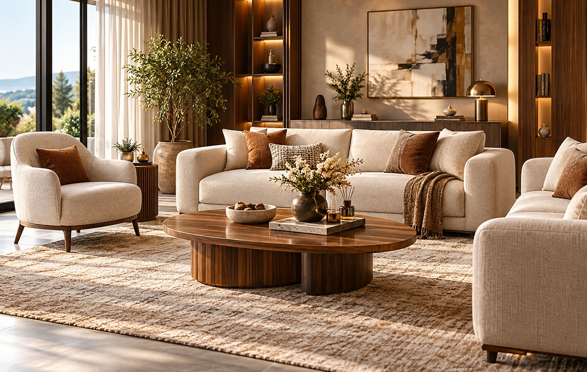 Güneş ışığında modern krem koltuk takımı, ahşap sehpa ve premium salon dekorasyonu